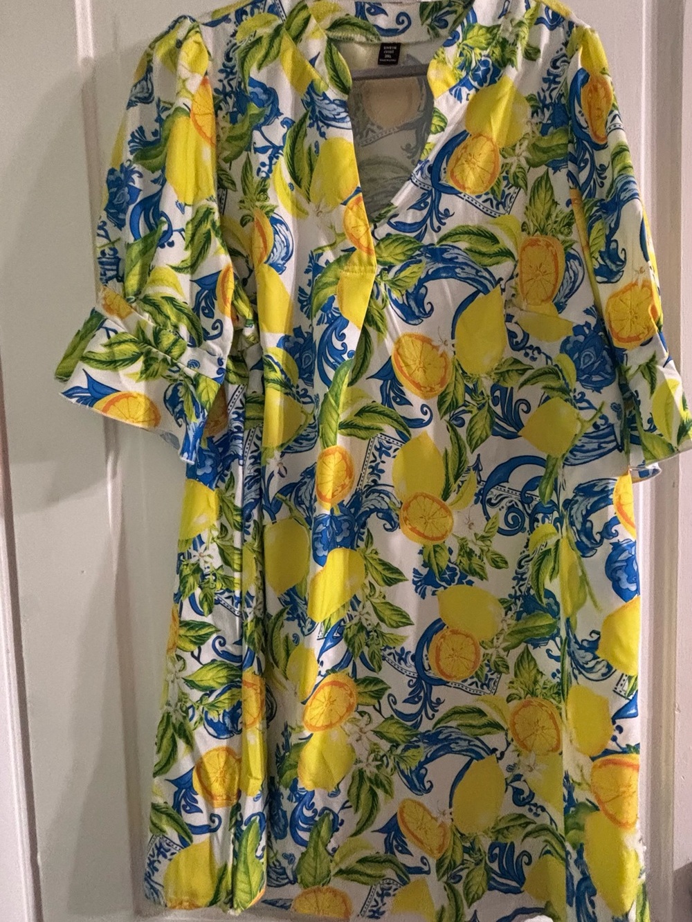 SHEIN Lemon Print V-Neck Tunic - Yellow, Blue & Green